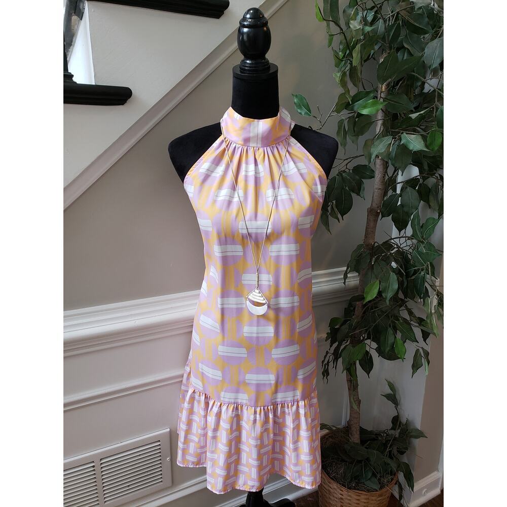 Women's Dress Medium Yellow Pink Sleeveless Halter Ruffle Hem Retro Mod Print